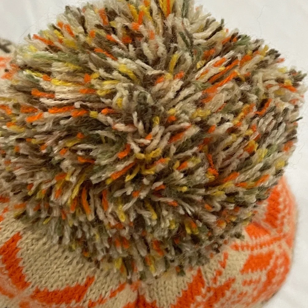 Jeanne Simmons Kids Fair Isle Beanie Winter Knit Hat‎ Pom Pom Orange Yellow NEW